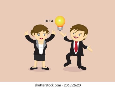 Vector illustration of excited man and woman in business suit doing happy dance around a lightbulb, metaphor for business idea. 