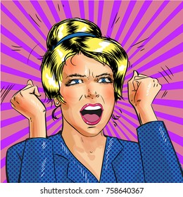 Vector illustration of excited young woman with hands up and clenched fists. Retro pop art comic style illustration.