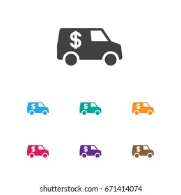 Vector Illustration Of Excitement Symbol On Truck With Dollar Icon. Premium Quality Isolated Currency Camion Element In Trendy Flat Style.