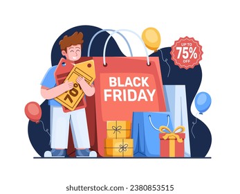 Ilustración vectorial Excitante de la compra del Viernes Negro con un hombre que sostiene un vale de descuento, rodeado de bolsas de compras, que simboliza acuerdos increíbles anuales.
Perfecto para promoción, web, medios sociales