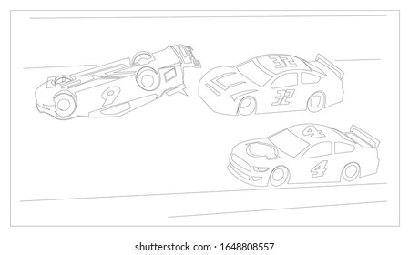 Vector illustration of an exciting car race. line draw, sport car.