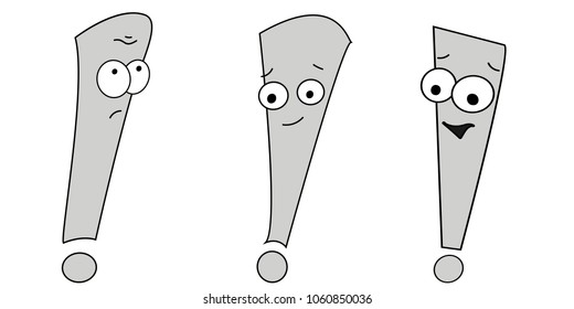 Vector illustration of an exclamation mark. Emotion sadness, joy. Emoji character with different expressions.