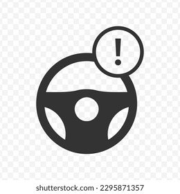 Vector illustration of exclamation mark on the steering wheel icon in dark color and transparent background(png).