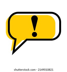 Vector illustration of exclamation mark in yellow speech bubble. General caution icon vector design template isolated on white background. Black hazard warning attention symbol. Other danger sign.