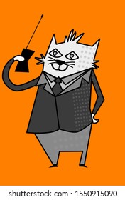 Vector illustration of an executive cat wearing a smart suite, using his cellphone 