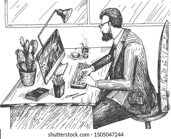 Vector illustration of executive manager at workspace. Bearded business man in suit and eyeglasses working on computer at office desk with stationary. Vintage hand drawn style.