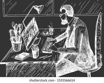 Vector illustration of executive manager at workspace. Bearded business man in suit and eyeglasses working on computer at office desk with stationary. Vintage hand drawn style. White drawing on black.