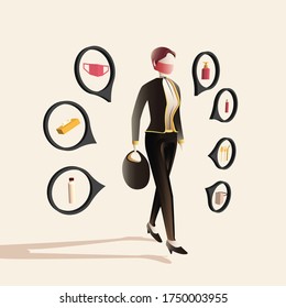 Vector illustration of executive woman wearing masker, walking alone, with new normal stuff in her bag. Such as water bottle, tissue, spare masker, soap, face mask, hand sanitizer, and eating utensils