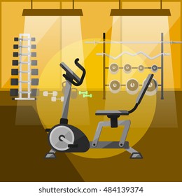 Vector illustration exercise bike in gym interior with sports equipment. Fitness training space. Cardio running exercise. Active sport lifestyle background. Gym without people. Bodybuilding concept