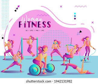 Vector Illustration . Exercise dan Fitness For Woman . Flat, modern solar punk style . best for Banner, Advertisement, Brochure, Webpage, Background 