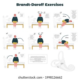 Vector Illustration Of An Exercise With Steps By Brandt Daroff For The Treatment Of Vertigo In Benign Paroxysmal Vertigo, BPPV. Concept Vestibulology, Neurology, Otology. Recommendation To The Patient