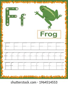 Vector illustration of exercises with cartoon vocabulary for kids. Colorful letter F Uppercase and Lowercase alphabet A-Z, Tracing and writing daily printable. Handwriting practice worksheet 