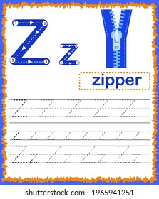 Vector illustration of exercises with cartoon vocabulary for kids. Colorful letter Z Uppercase and Lowercase alphabet A-Z, Tracing and writing daily printable. Handwriting practice worksheet 