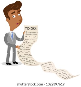 Vector illustration of an exhausted asian cartoon businessman holding a very long to-do list isolated on white background