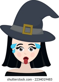 vector illustration of an exhausted cartoon witch with tongue out and beads of sweat on her head