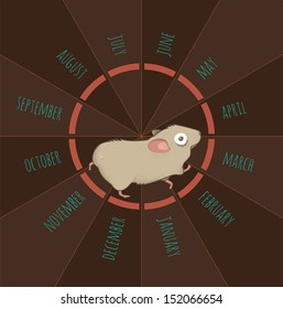 Vector illustration of exhausted hamster running onto his calendar-wheel. EPS file. 