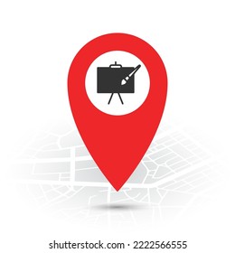 Vector illustration of Exhibition location. Simple icon in red color on White background.