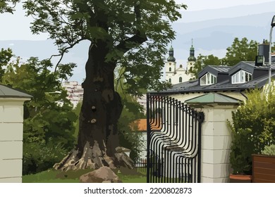 Vector illustration of the exit from the castle park. A beautifully decorated iron gate, a massive tree, a view of a nearby church with two towers. Park, trees, view, white facade, natural environment