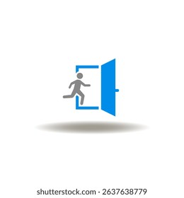 Vector illustration of exit door and running man. Symbol of escape. Icon of emergency evacuation plan.