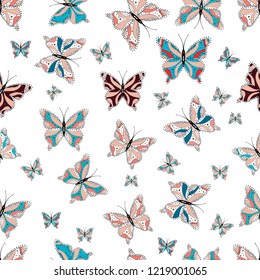 Vector illustration. Exotic animals. White, blue and neutral butterflies. Superb background for design of fabric, paper, wrappers and wallpaper. Seamless.