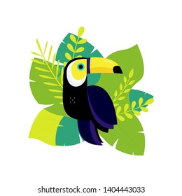 Vector illustration of exotic bird toucan with tropical flowers, palm leaves. Exotic tropical bird.