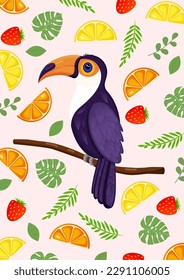 Vektorgrafik eines exotischen Vogel-Toucan mit Beeren und Früchten für eine Postkarte, Poster.