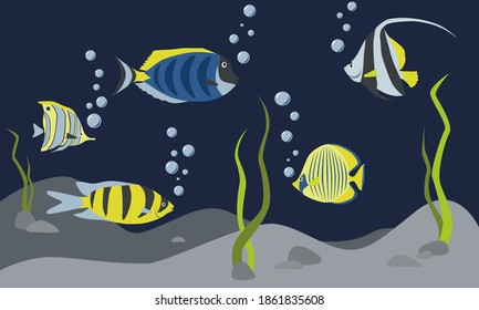 Vector illustration with exotic fish and silhouette of butterfly fish on a blue sea background. Underwater marine life. Nature wildlife seascape in flat cartoon style.
