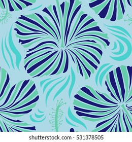 Vector illustration. Exotic flowers in allover composition. Seamless vector tropical design with hibiscus in neutral, blue and green colors. Pattern for summer fashion, interior, wallpaper.