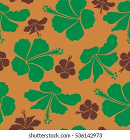 Vector illustration. Exotic flowers in allover composition. Seamless vector tropical design with hibiscus in orange, green and brown colors. Pattern for summer fashion, interior, wallpaper.