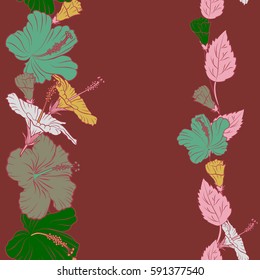 Vector illustration. Exotic flowers in allover composition. Seamless vector tropical design with hibiscus in green and red colors and copy space. Pattern for summer fashion, interior, wallpaper.