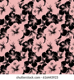Vector illustration. Exotic flowers in allover composition. Seamless vector tropical design with hibiscus in neutral, black and pink colors. Pattern for summer fashion, interior, wallpaper.