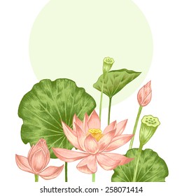 Vector. Illustration with exotic flowers in the art watercolor pencils. Lotus pond. Retro. Vintage style.