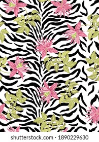 Vector illustration of exotic flowers and leaves. Zebra skin background. Exotic pattern.For poster, greeting card, invitation, cover, banner, textile and other graphic design. Scalable to any size.