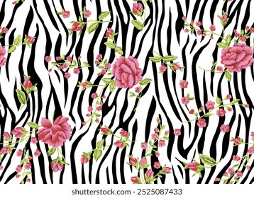 Ilustração vetorial de flores e folhas exóticas. Fundo de pele de zebra. Padrão exótico.Para cartaz, cartão de saudação, convite, capa, banner, têxtil e outro design gráfico. Escalável para qualquer tamanho.
