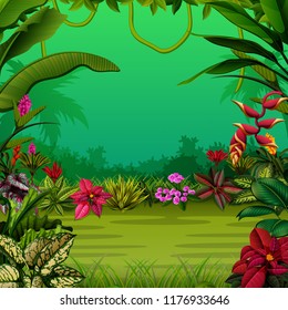 vector illustration of the exotic forest with the trees and the flowers