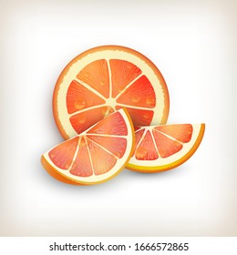 Vector Illustration. Exotic fruit design on vignette background. Different Slices of Red Orange. Three pieces of Red Orange with drops of juice. Isolated elements for fruit design. Flat style.