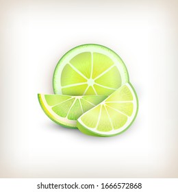 Vector Illustration. Exotic fruit design on vignette background. Different Slices of Lime. Three pieces of Lime. Elements for fruit design. Flat style.