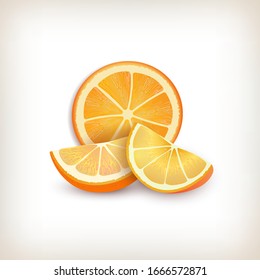  Ilustración vectorial. Diseño de frutas exóticas sobre fondo de viñeta. Diferentes trozos de naranja. Tres trozos de fruta naranja. Elementos aislados para el diseño de frutas. Estilo plano.