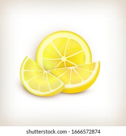 Vector Illustration. Exotic fruit design on vignette background. Different Slices of Lemon. Three pieces of Lemon. Isolated elements for fruit design. Flat style.