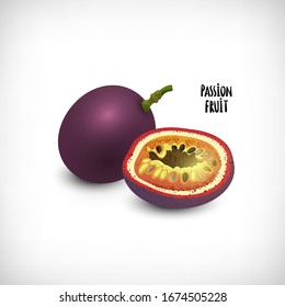 Vector Illustration. Exotic fruit design on vignette background. Slice of Passion fruit and  the whole fruit. Lettering Passion Fruit. Flat style.