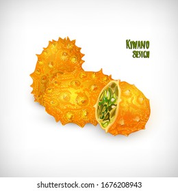  Vektorillustration Illustration. Exotische Obstgestaltung auf Vignettenhintergrund. Slice von Horned Melon und ganze Kiwano-Früchte. Schreiben von Kiwano Design. Flacher Stil.