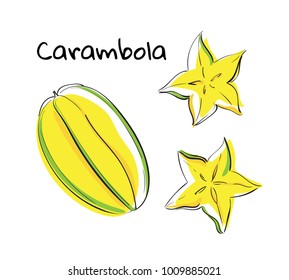 Vector illustration of an exotic fruit. Isolated carambola. Delicious tropical vegetarian food. Use for a restaurant, menu, cocktail bowl, market, store, packaging, decorating for parties, eating