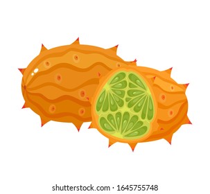Vektorillustration Illustration von exotischen Fruchtkiwano einzeln auf Weiß. Ganze und die Hälfte frischer tropischer Melonen, die für Poster, Website, Broschüre, Tag