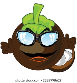 Vector illustration of the exotic fruit mangosten bespectacled with hand