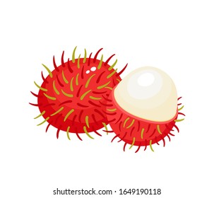 Ilustración vectorial de rambutan de frutas exóticas aislado en blanco. Toda la mitad de las frutas tropicales frescas utilizadas para el afiche, la página web, el folleto, la etiqueta