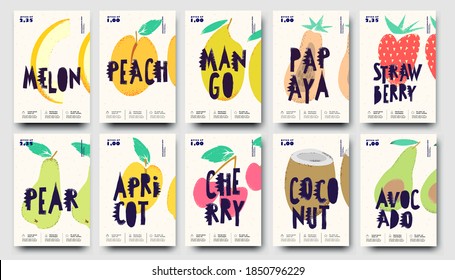 Vector illustration. Exotic fruits and berries. A set of posters or price tags. Large collection of fruit in Doodle style.