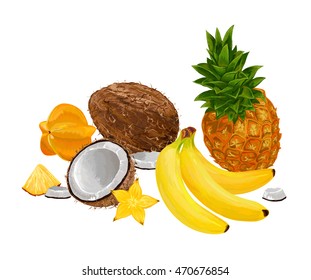 Vector illustration of exotic fruits. Cannon. Coconut. A pineapple. Banana.
Set of tropical fruits