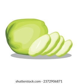 Vector illustration of exotic green chayote in flat style design. Whole and sliced fresh vegetable organic agriculture product. Healthy ingredient for vegetarian. Good use for icon, label, menu