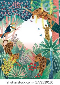 Vector illustration of Exotic Jungle with tropical flowers and animals. Design for banner, poster, card, invitation and scrapbook