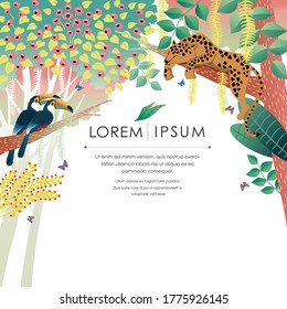 Vector illustration of Exotic Jungle with tropical flowers and animals. Design for banner, poster, card, invitation and scrapbook